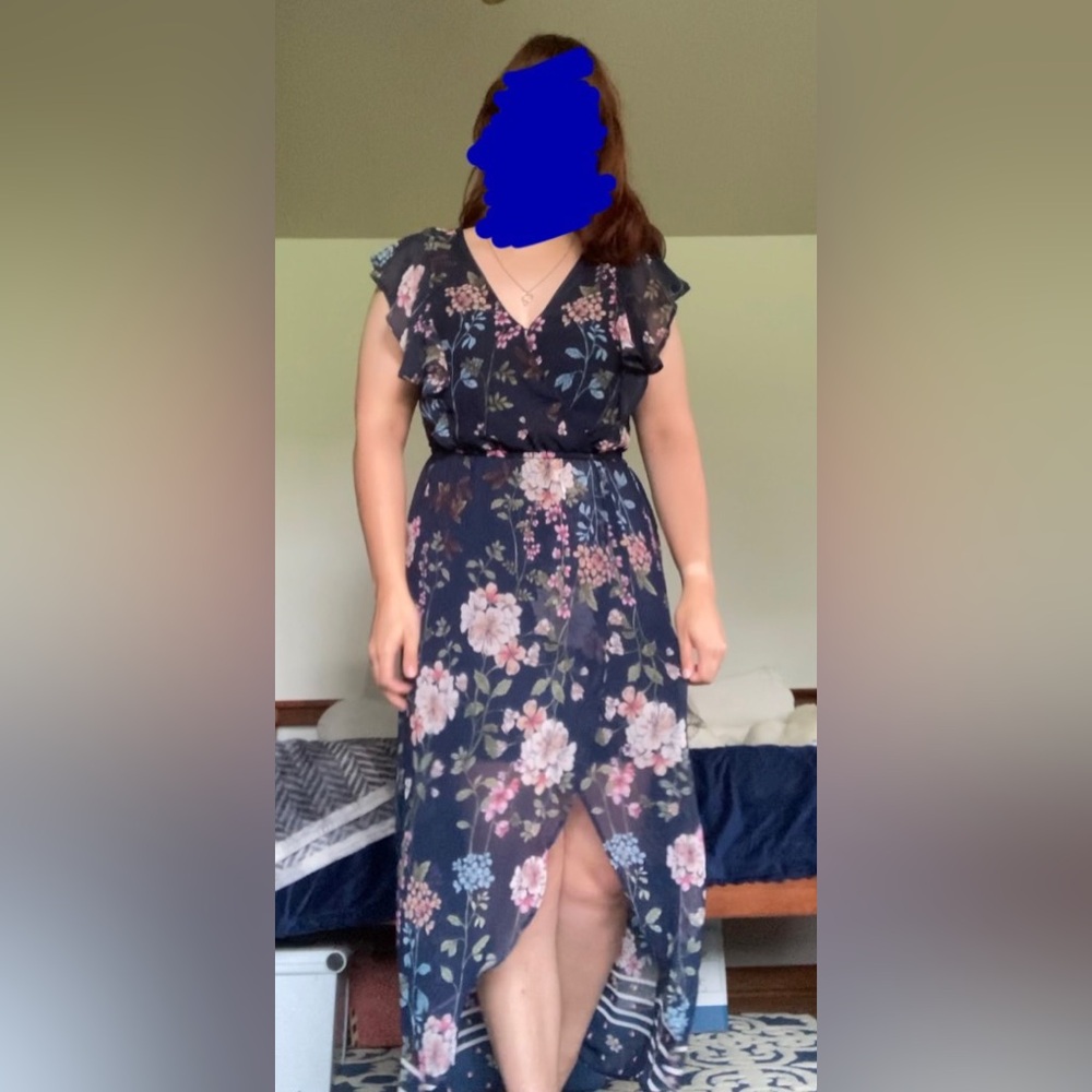 Navy Blue with Pink and Green Florals Wedding Guest Dress